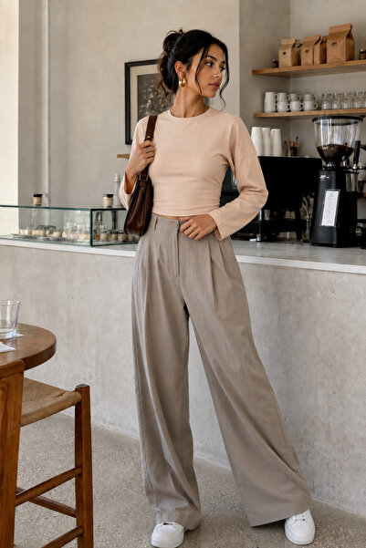 COMBİNE MİCHAİL Beige Crew Neck Basic Women's Top