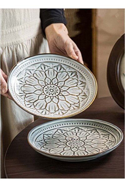Generic Set of 2 Grey Embossed Floral Ceramic Deep Plates 8.2 Inch Vintage Ha...