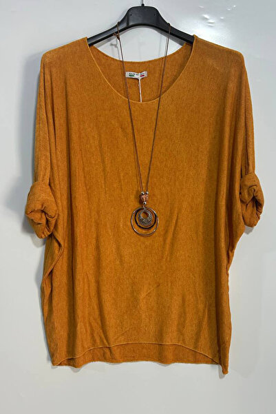 AYASOFYA OTANTIK Women's Italian Mustard Casual Knitwear Blouse with Necklace...