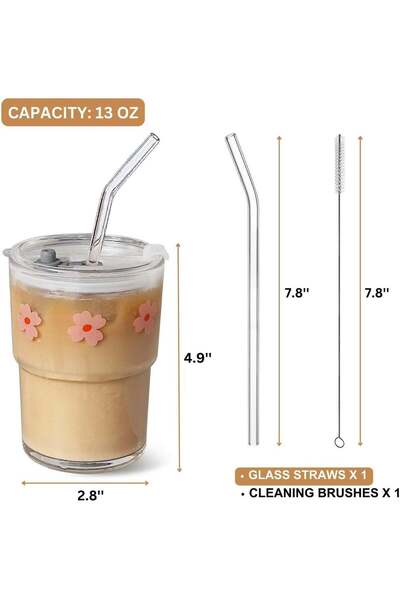 Generic 384ml transparent glass water cup with straw and glass lid, pink flow...