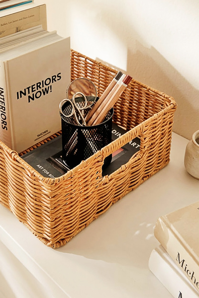 Ocean Home Textile Yıkanabilir Bej PP Rattan Dolap İçi Çamaşır Çocuk Odası Oyuncak Düzenleyici Saklama Sepeti Organizer 39x29x13
