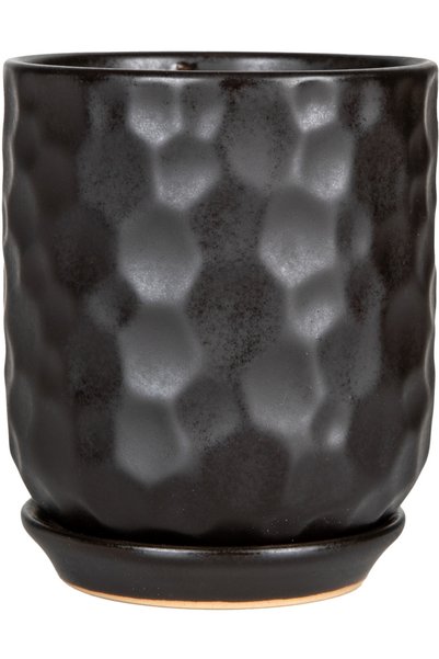 Herdekora Seramik Saksı Tabaklı Petek Dokulu Siyah 14x15 Cm.