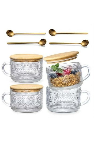 Generic Coffee Mug Set,4pcs Overnight Oats Containers With Bamboo Lids And Sp...