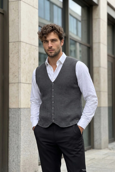 Çizgi Triko Men's Buttoned Dark Gray Vest Cotton Knitwear Without Pockets Ric...