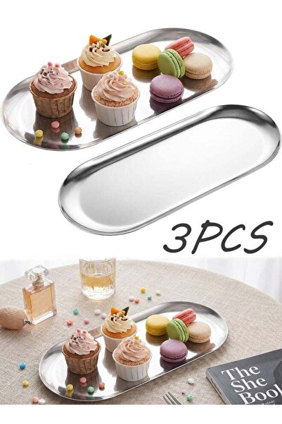 Generic Set of 3 Oval Silver Stainless Steel Decorative Trays 7 Inch Long,Mul...