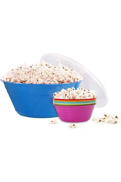 Generic Large Popcorn Bowl with Lid + 6 Small Bowls – Assorted Colors | Plast...