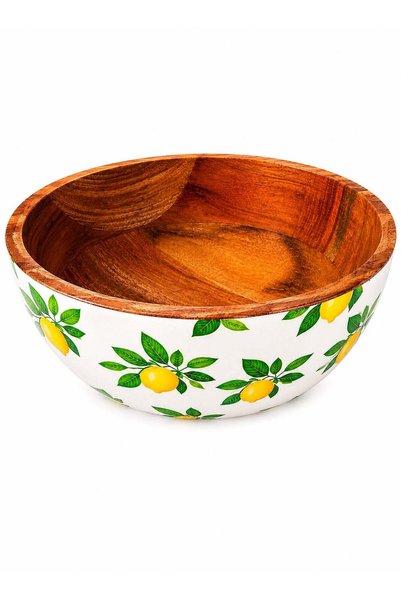 Generic 13 cm Acacia Wood Salad Bowl with Lemon Print Exterior – Premium Natu...