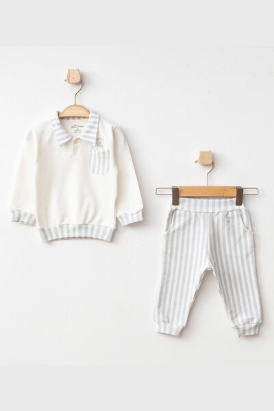Aziz Bebe Baby Boy Bear Embroidered Shirt Collar Sweatshirt Pants 2-Piece Top...