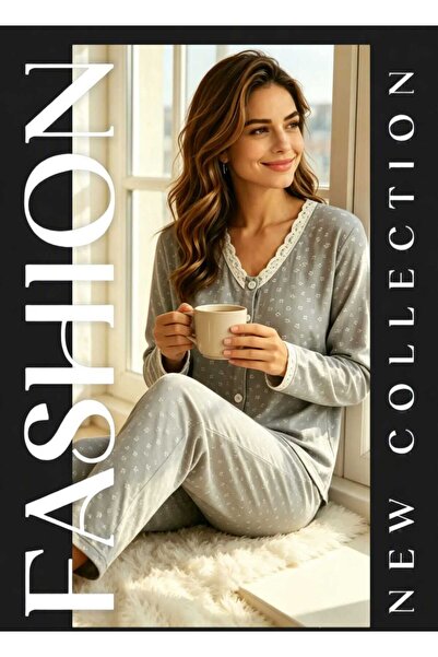 NiCe İç Giyim Women's Gray Long Sleeve Buttoned Lace Detailed Floral Patterne...