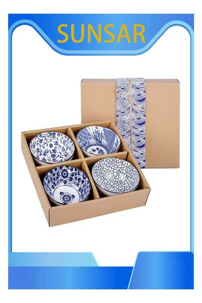 Generic Set of 4 Japanese Style Ceramic Rice Bowl with Gift Box,Blue and Whit...