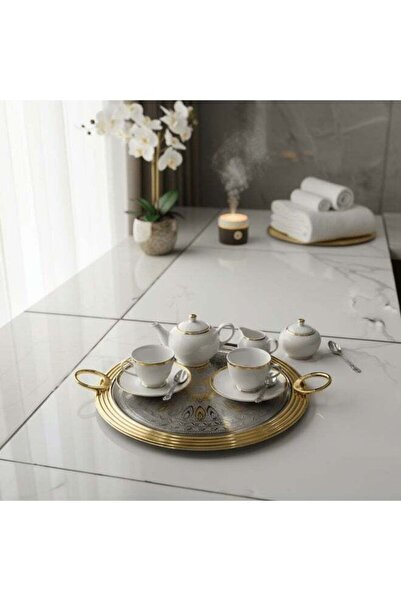 Generic AKDC Round Stainless Steel Serving Tray with Golden Border and Handle...
