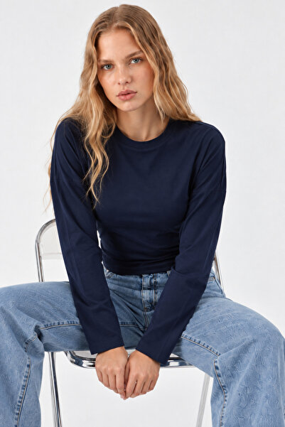 COMBİNE MİCHAİL Navy Blue Crew Neck Long Sleeve Crop Blouse