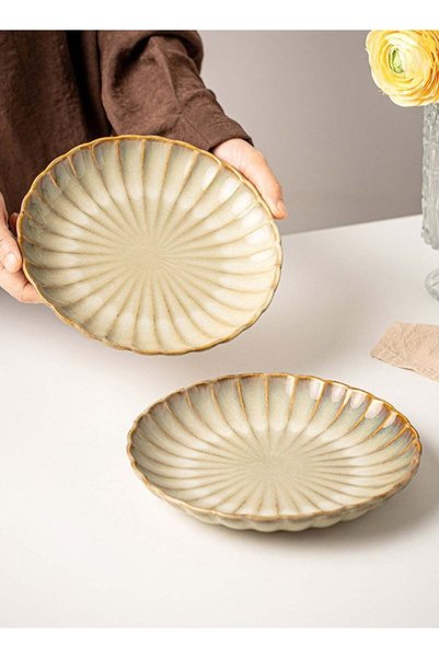 Generic Set of 2 Ceramic Plates 8 Inch Embossed Petal Beige Stoneware Salad D...