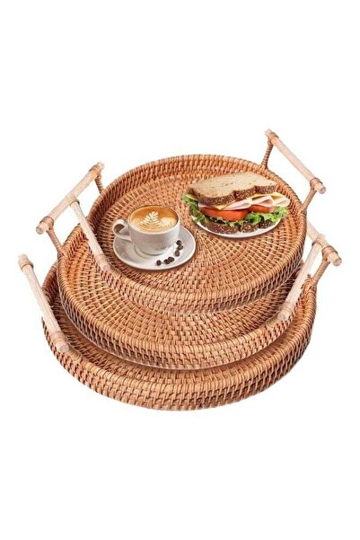 Generic 3-Piece Multipurpose Use Round Woven Serving Tray with Handles Brown ...