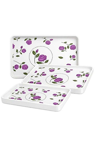 Generic 3 Piece Rectangular Serving Tray Set with Purple Rose Print, Large Me...