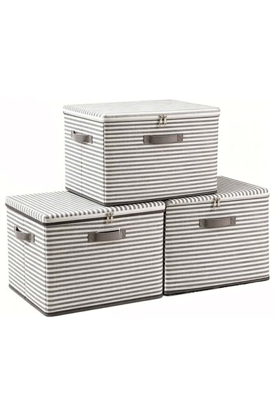 Generic Foldable Storage Containers, Striped Fabric Boxes with Lids, Stackabl...