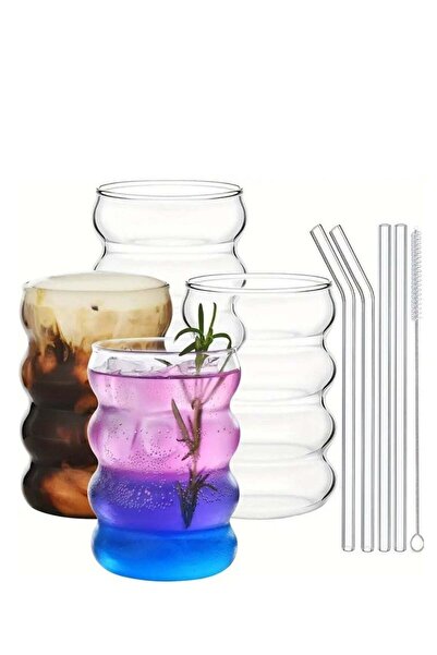 Generic Set of 4 -330 ML Ripple Shaped Drinking Glasses with Straws 330 ML
