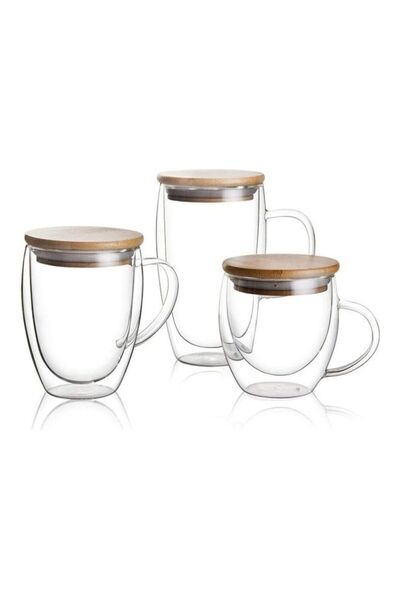 Generic Set of 3- Borosilicate Double Wall Coffee Cups With Handle Bamboo Lid...
