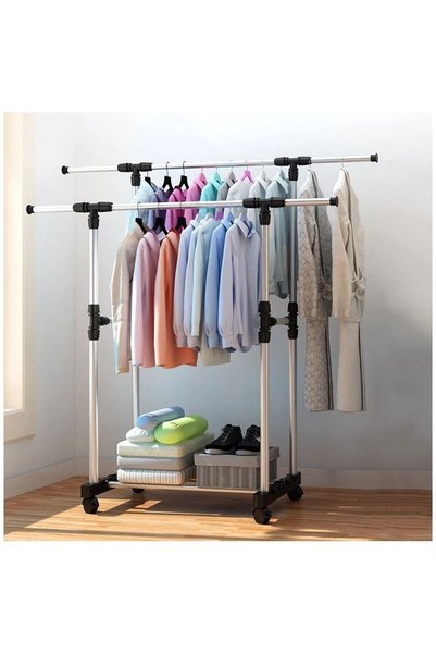 Generic Double Pole Extendable Clothes Rack Hanger Silver