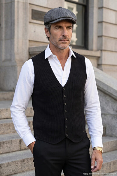 Çizgi Triko Men's Buttoned Black Vest Cotton Knitwear Without Pockets Rice Pa...