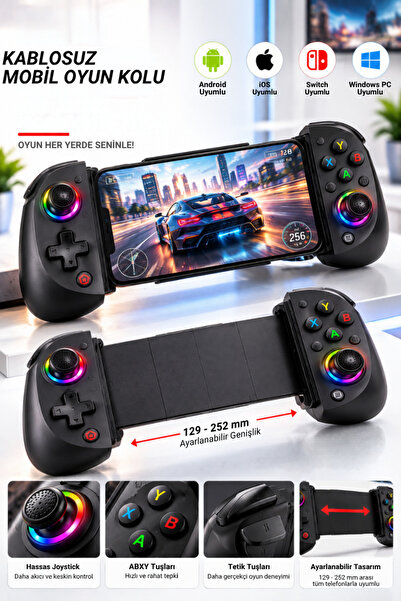 CROW'S TECH Bluetooth Mobil Telefon Oyun Kolu RGB Gamepad 129-252 mm Ayarlanabilir Android iOS Switch Windows Uyumlu
