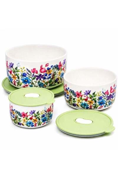 Generic Ceramic Food Storage Bowl Set with Airtight Lids, 3 Piece Assorted Fl...