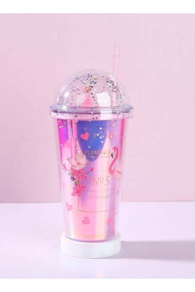 Generic Flamingo Tumblers with 3D Tail & Glitter, Durable Flamingo Drinking C...