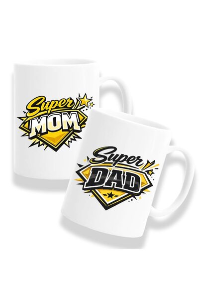 OEM Set de 2 căni cu mesaj: "Super tata / Super mamă", Model 3, alb, 330ml, c...