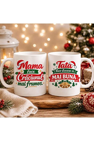 OEM Set de 2 căni pentru părinți: „Mama face Crăciunul mai frumos”, model de ...