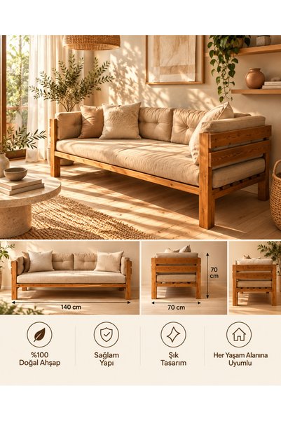 DizyWood Doğal Ahşap Sedir Koltuk 140x70 cm – Masif Ahşap Yan Panelli Modern Daybed / Balkon ve Salon Sedir