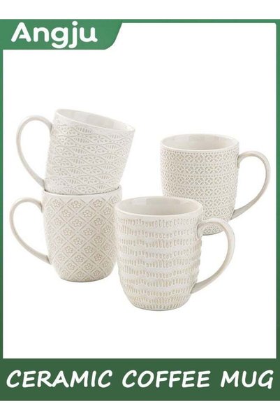 Generic Coffee Mug Set of 4, Large Ceramic Mugs with Handle, Porcelain Emboss...