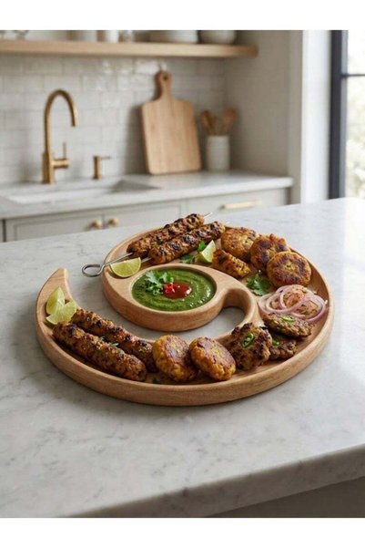 Generic Wooden Spiral Serving Tray with Integrated Dip Bowl