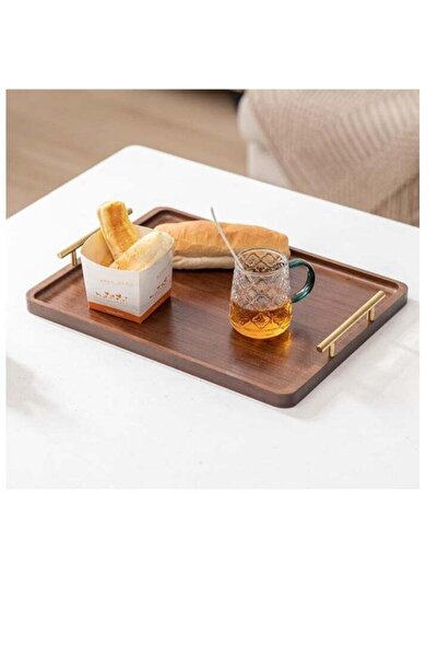 Generic Serving Tray Walnut Wood With Gold Handles, Food Holder for Breakfast...