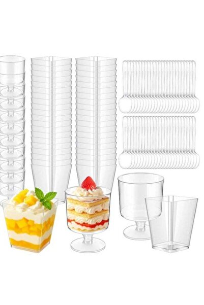 Generic Reusable Clear Plastic Dessert Cups with Spoons, 50 Pack (25 Square C...