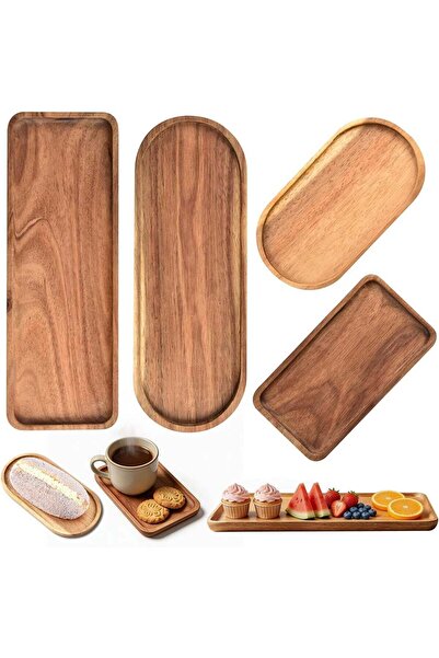 Generic Wooden Tray – 4 PCS Acacia Wood Serving Tray Set, Wood Tray for Food,...