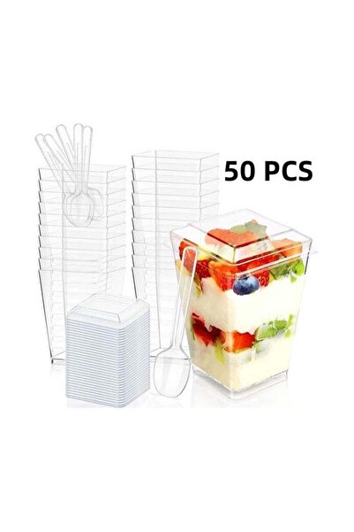 Generic 5 oz Mini Dessert Cups with Spoons and Lids - 50 Pack, Square, Clear ...