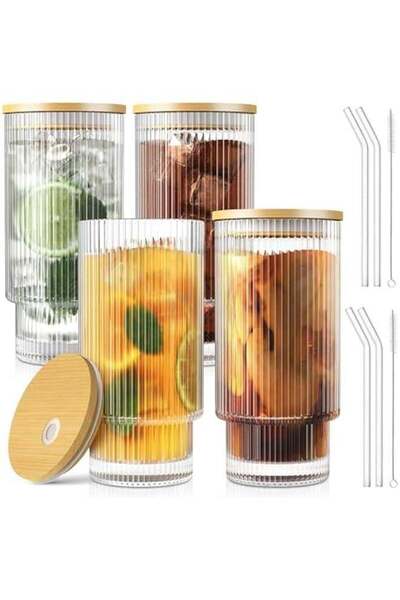 Generic 16OZ Ribbed Glass Cups with Bamboo Lids and Glass Straws 4 Pack, Vint...