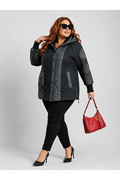 AY-SEL Plus Size Quilted Patterned Double Hooded Ribbed Sleeve Women's Coat