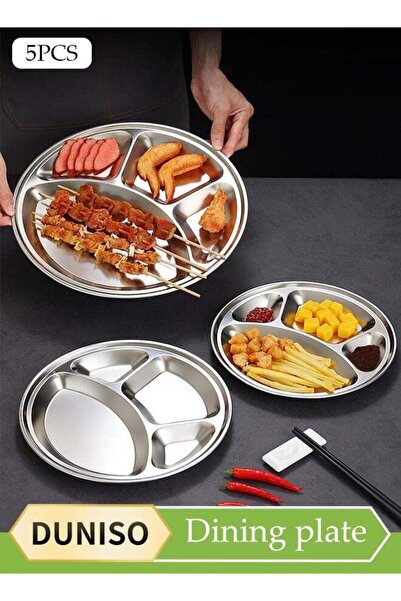 Generic Five-Piece Stainless Steel Dinner Plate, Round Four-Grid Dinner Plate...