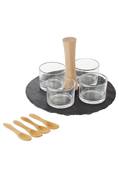 Generic Cuisine Art Round Slate Serving Set with 4 Glass Bowls, Clear & Black