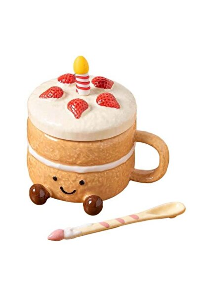 Generic Ceramic Coffee Mug with Lid and Spoon, Cute Strawberry Cake Design Cu...