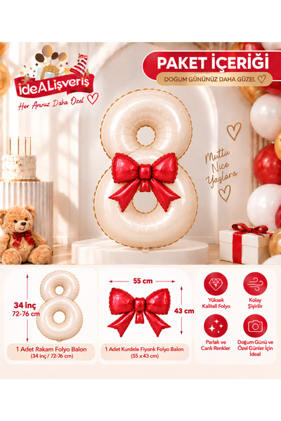 Bkmc Red Bow and Cream Number Foil Balloon Set