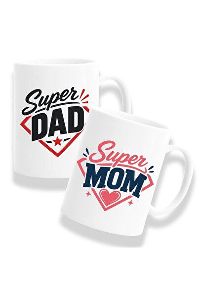 OEM Set de 2 căni cu mesaj: "Super tata / Super mamă", Model 1, alb, 330ml, c...