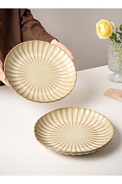 Generic Set of 2 Ceramic Plates 10 Inch Embossed Petal Beige Stoneware Pasta ...