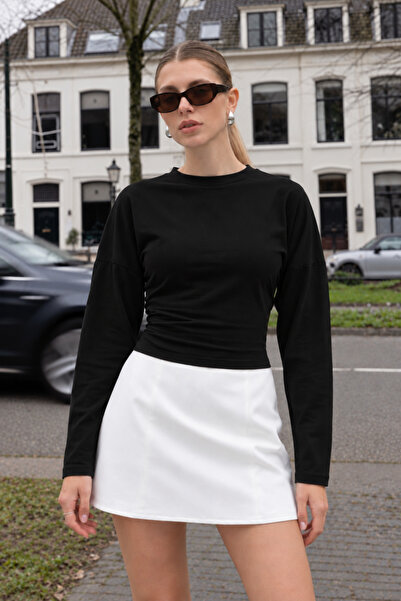 COMBİNE MİCHAİL Women's Daily Wear Black Crop Long Sleeve Blouse