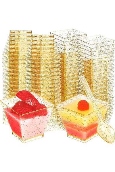 Generic Mini Glitter Dessert Cups, Disposable Square Plastic Cake Cups with S...