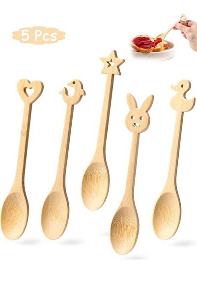 Generic 5 Pcs Small Wooden Spoons - Mini Wood Spoon with Cute Cartoon Handles...