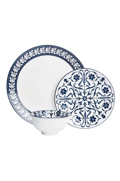 Generic Shallow JAZY Porcelain 12 Pc Dinner Set White | Blue Floral Pattern D...