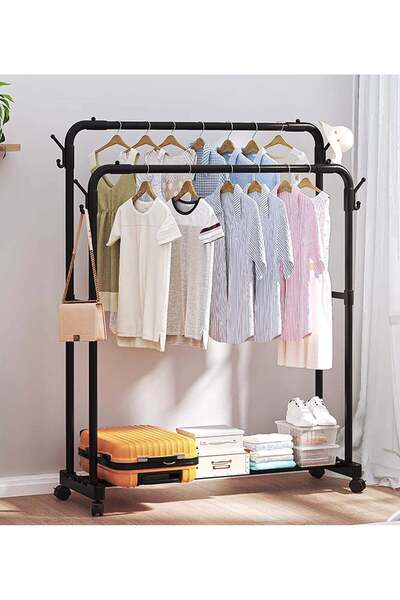 Generic Clothes Rack with Wheels Heavy-Duty Double Rod Garment Rack with Side...