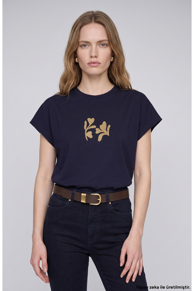 Network Lacivert Çiçek Taş İşlemeli T-shirt